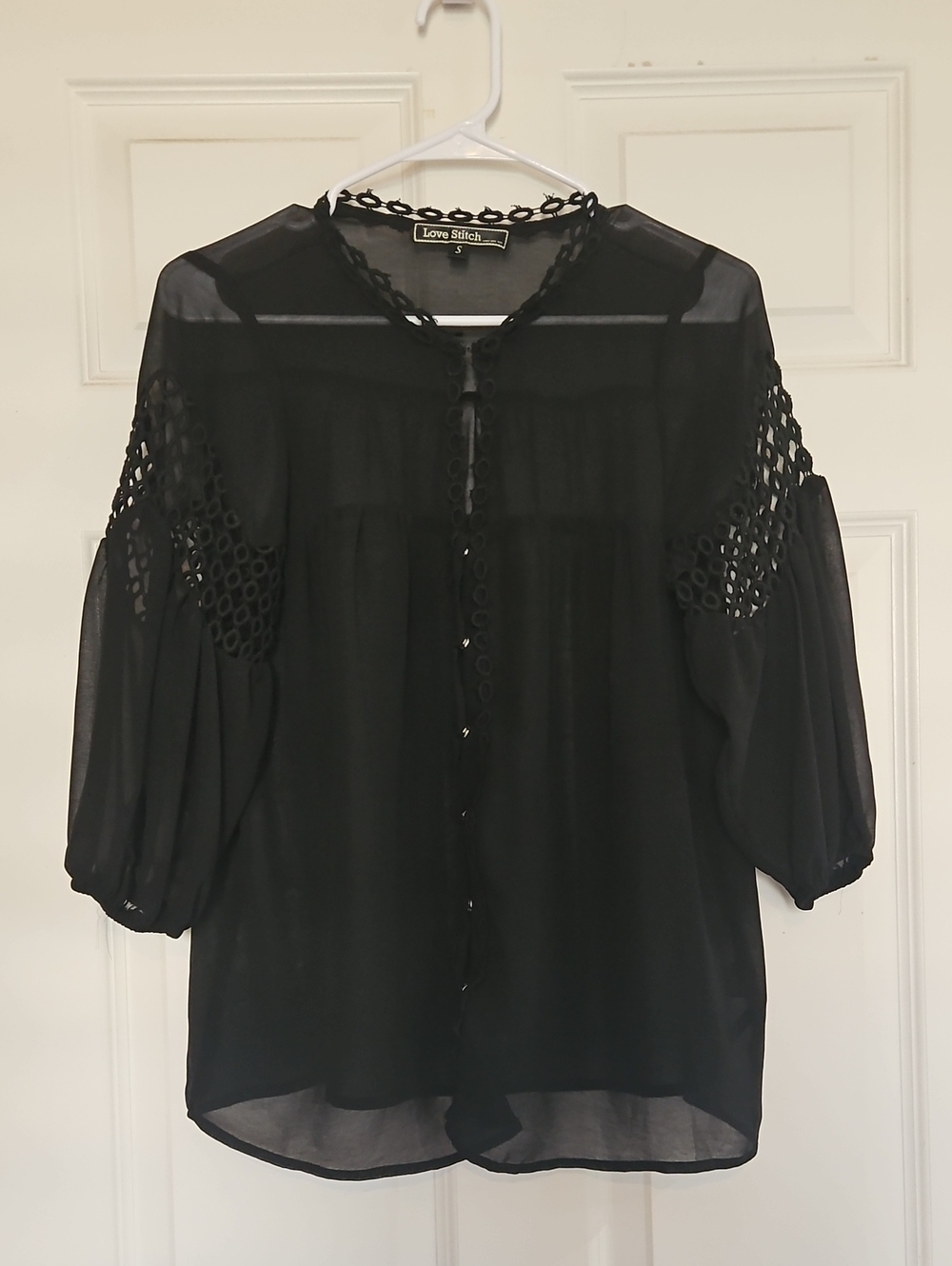 Love Stitch Black Sheer Crochet-Sleeve Blouse
